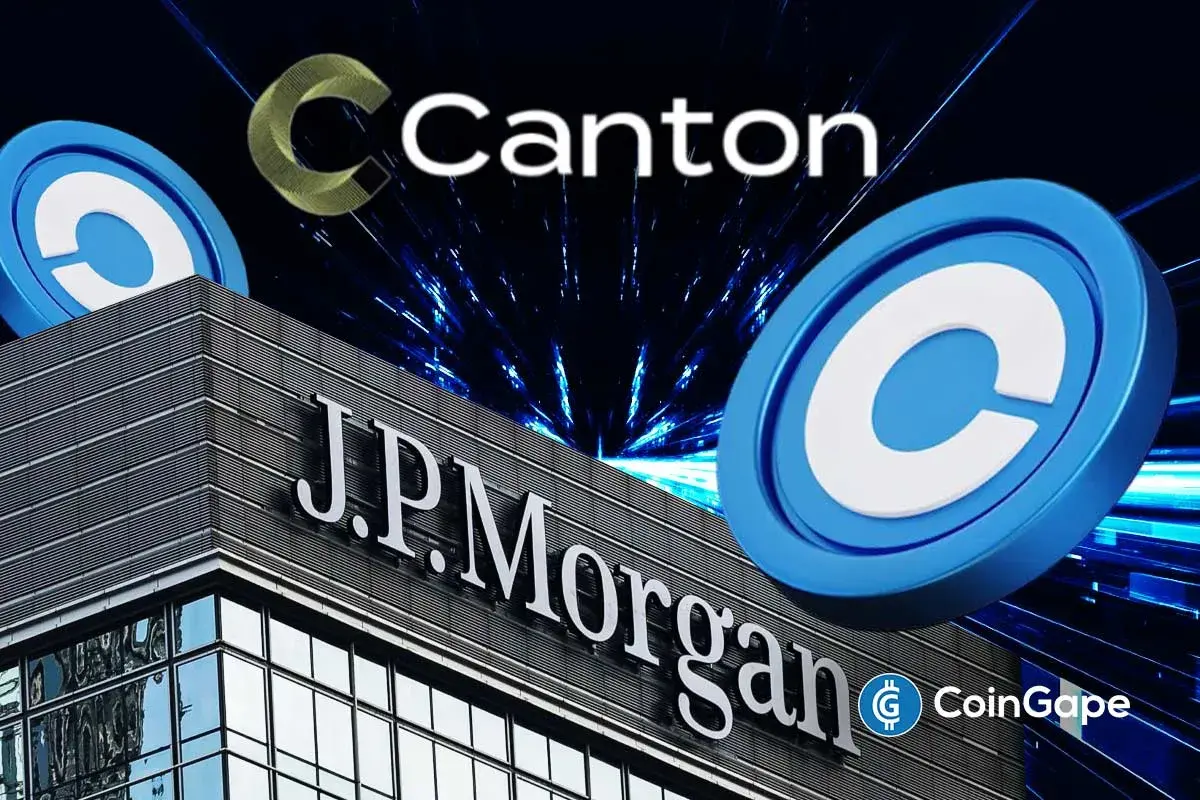 JPMorgan with Canton and Coinbase symbols showing JPM Coin expansion to institutional blockchain networks and digital settlement
